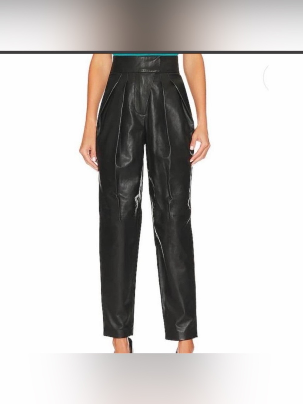 NWT L'Academie Black High-Waist Black Leather Pleated Trousers